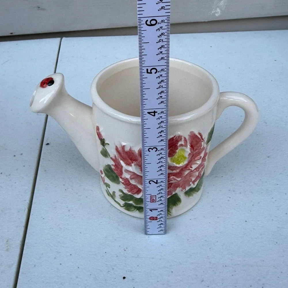 Ceramic Miniature Watering Can Pink Peony Flower Ladybug Cottagecore Decor 4.5in